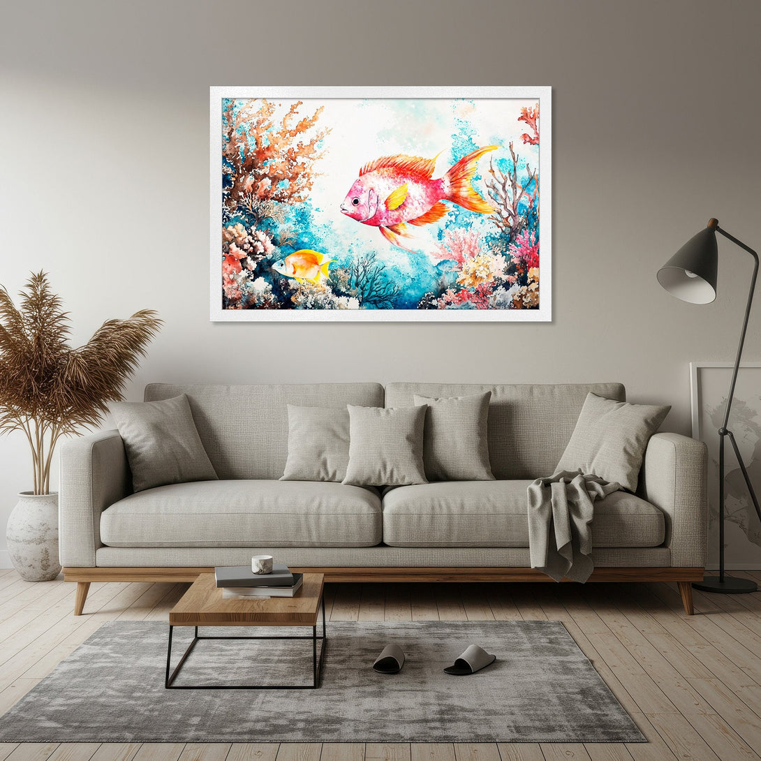 Framed Poster featuring watercolor fish art in vibrant red, orange, and blue hues. Perfect for coastal decor!