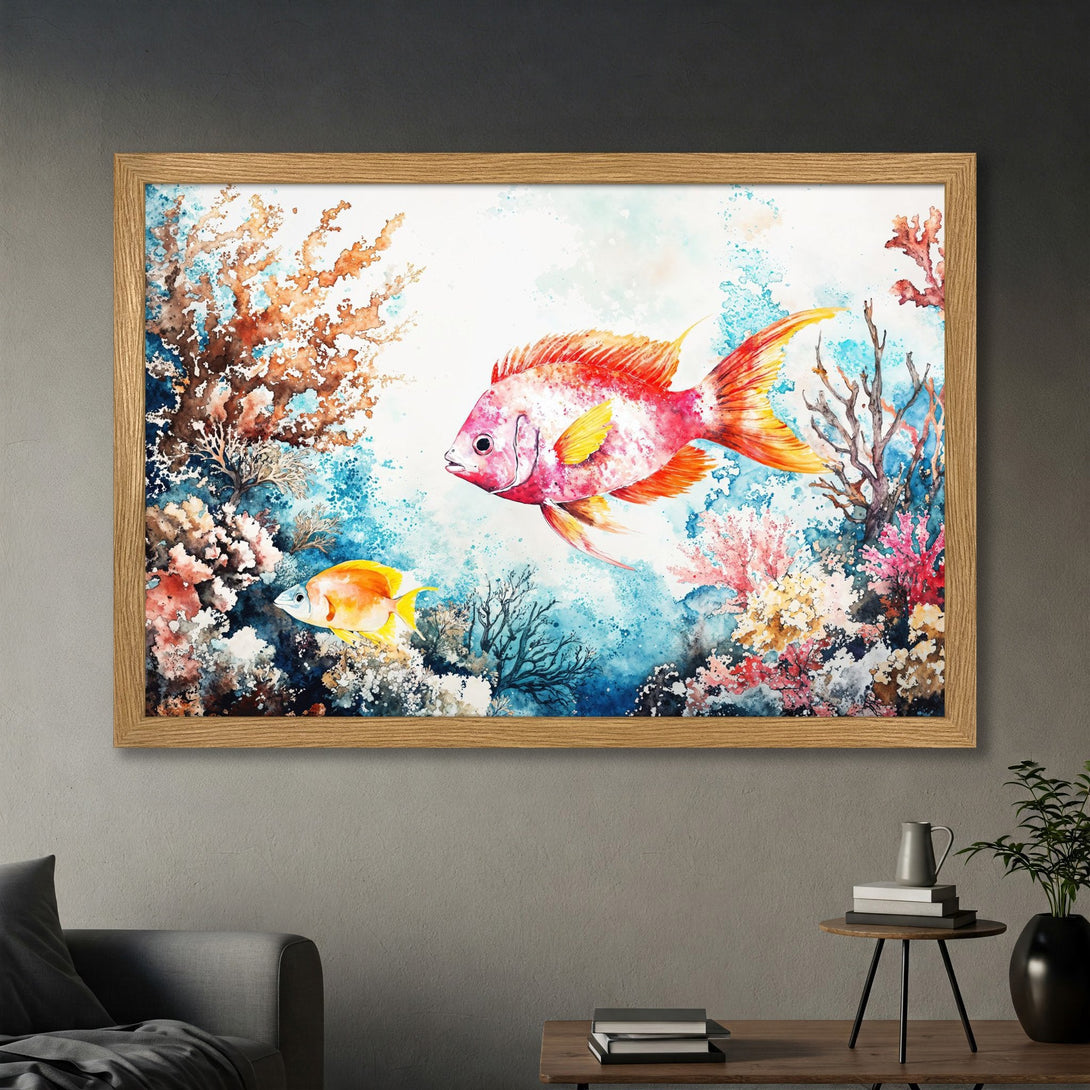 Framed Poster featuring a vibrant watercolor painting of fish and coral reefs. Beautiful blue, red, and yellow color palette. Perfect wall art!