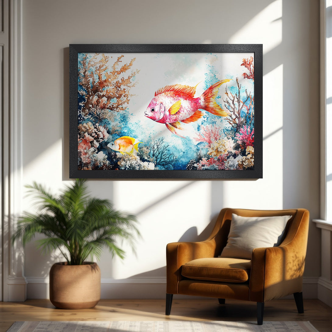 Framed Poster featuring watercolor fish & coral. Vibrant reds, oranges, & blues. Perfect art for coastal decor.