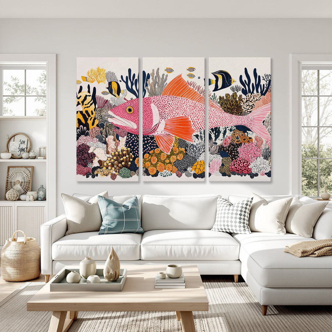 Canvas Print: Vibrant fish art in a colorful coral reef scene. Coastal-inspired artwork with pink, orange, and blue hues. Perfect wall decor.