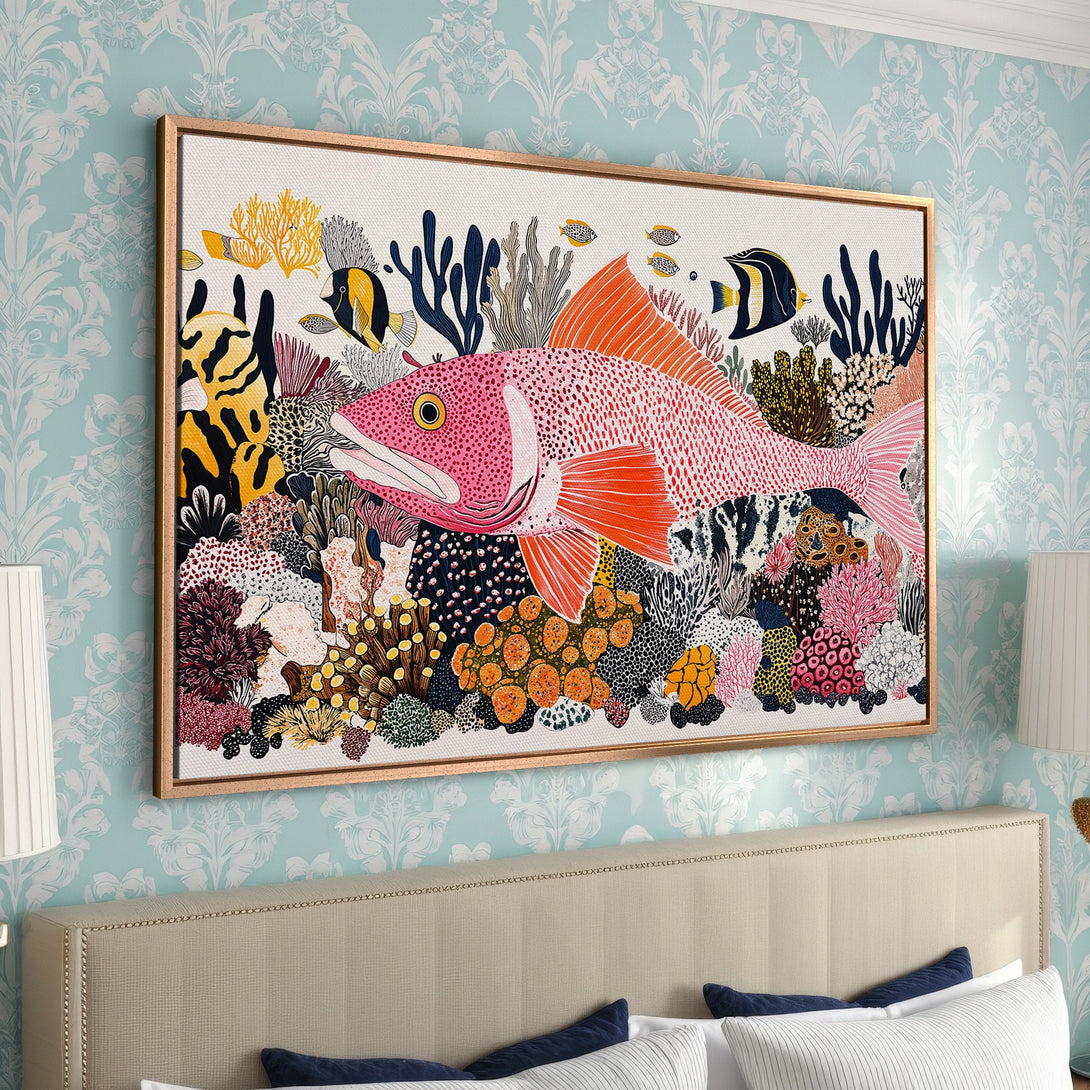 Framed Wall Art: Vibrant coral reef scene Canvas Print. Colorful fish art with pink, orange, and blue hues. Perfect coastal decor for your bedroom.