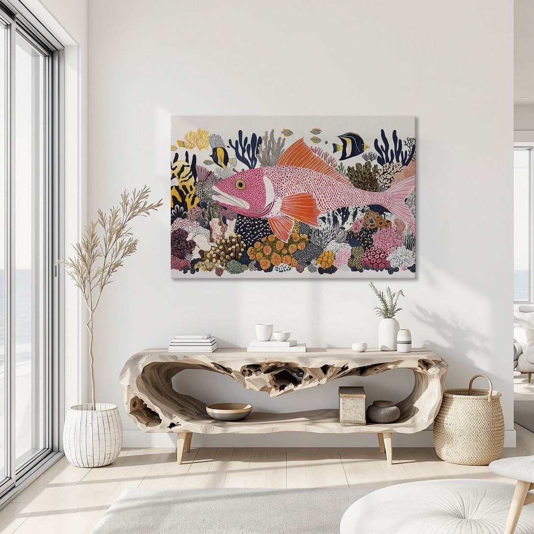 Framed Wall Art: Colorful fish and coral Canvas Print. Whimsical style with pink, orange, blue, and yellow palette. Perfect for coastal decor.