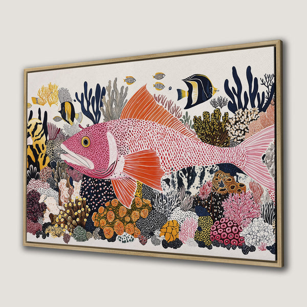 Framed Wall Art featuring a vibrant coral reef scene with a large pink fish. Whimsical style, colorful palette with pinks, oranges, blues, and yellows.