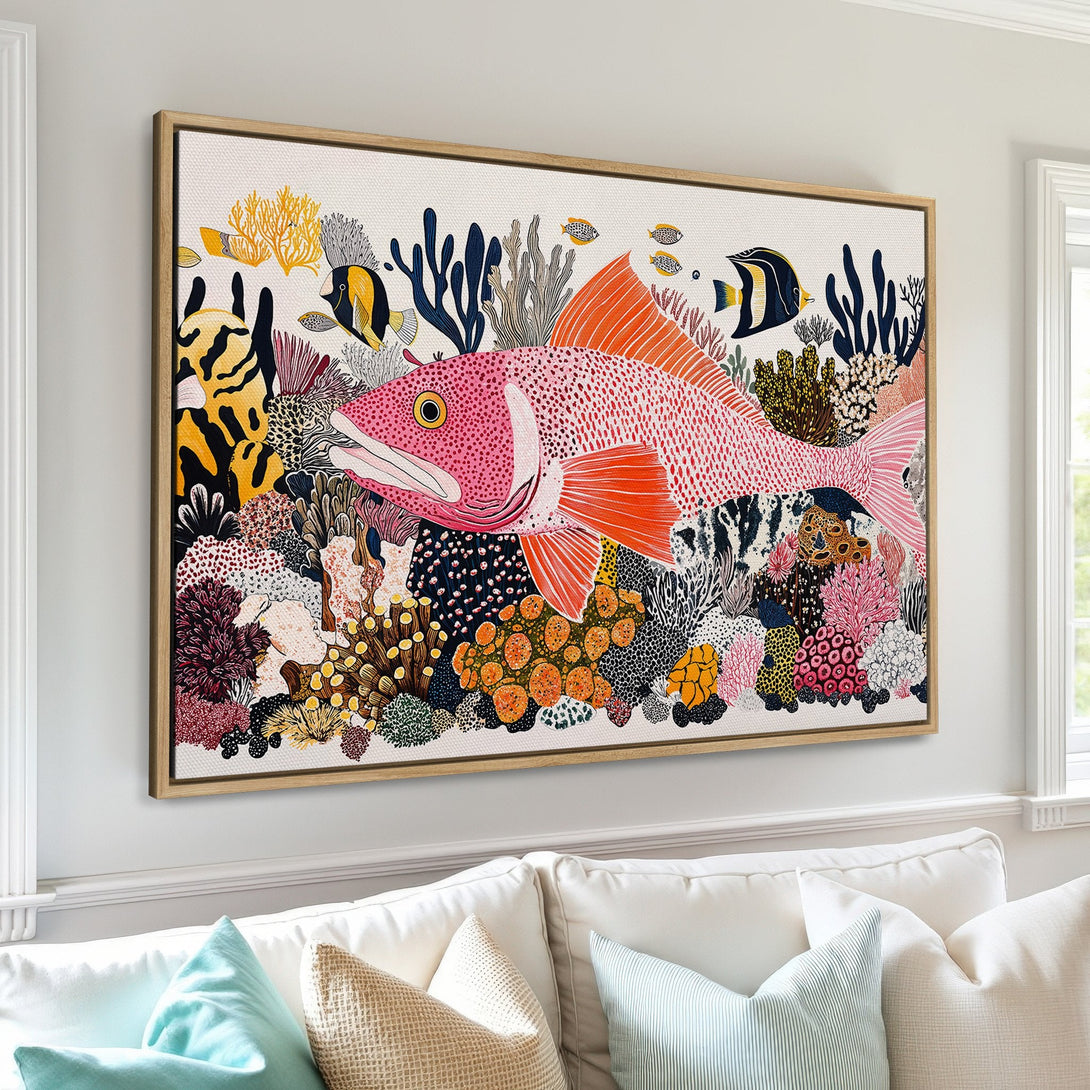 Framed Wall Art: Colorful coral reef scene with a large pink fish. Whimsical style, vibrant palette of pink, orange, yellow, and blue. Perfect for coastal decor.