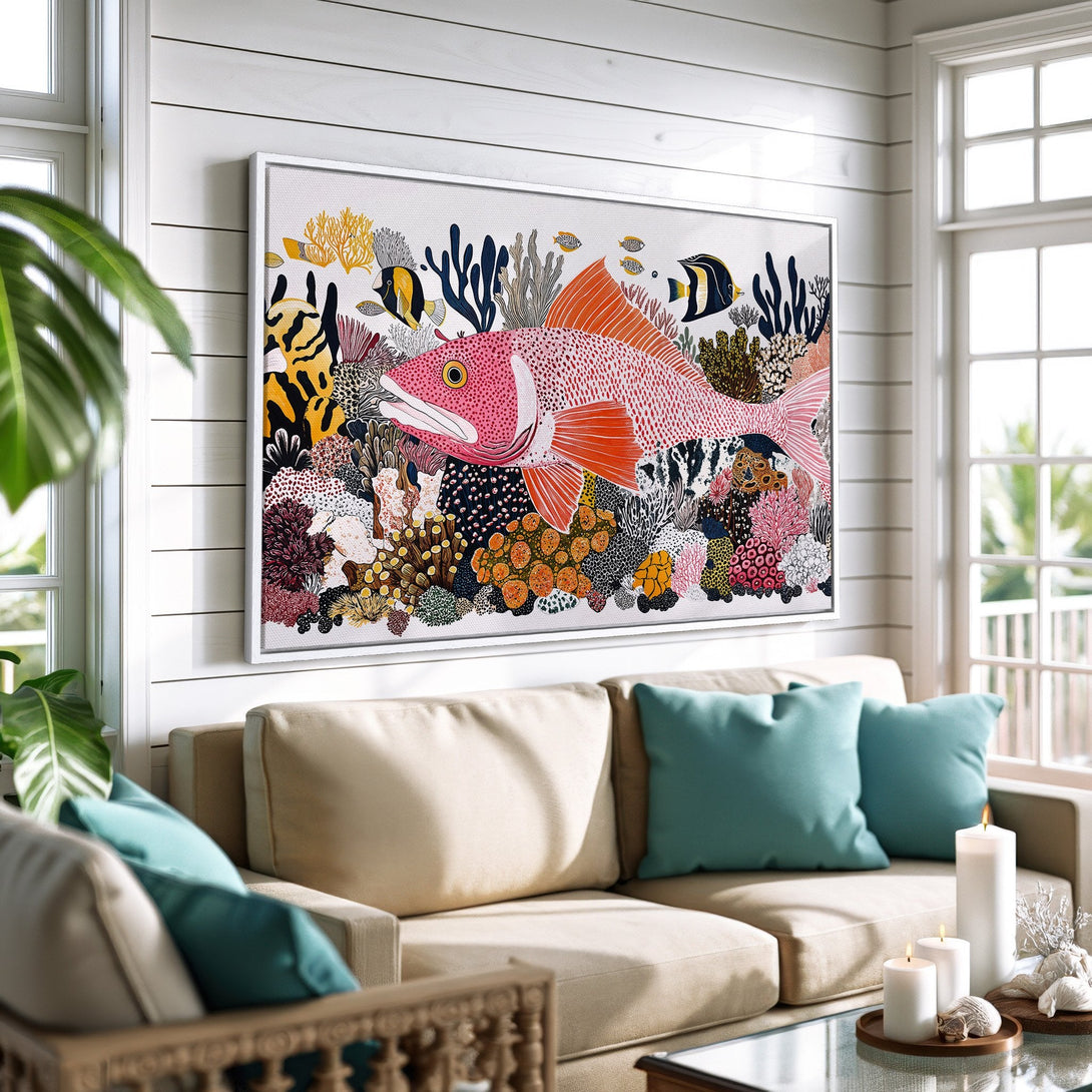 Framed Wall Art featuring a vibrant coral reef scene with a large red fish, perfect for coastal decor. Colorful, artistic canvas print for your home.