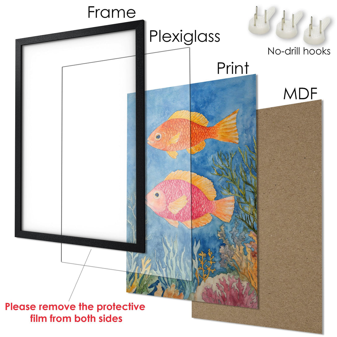 Framed Poster featuring watercolor fish art in a blue, orange, and pink palette. Perfect wall decor for a coastal vibe!