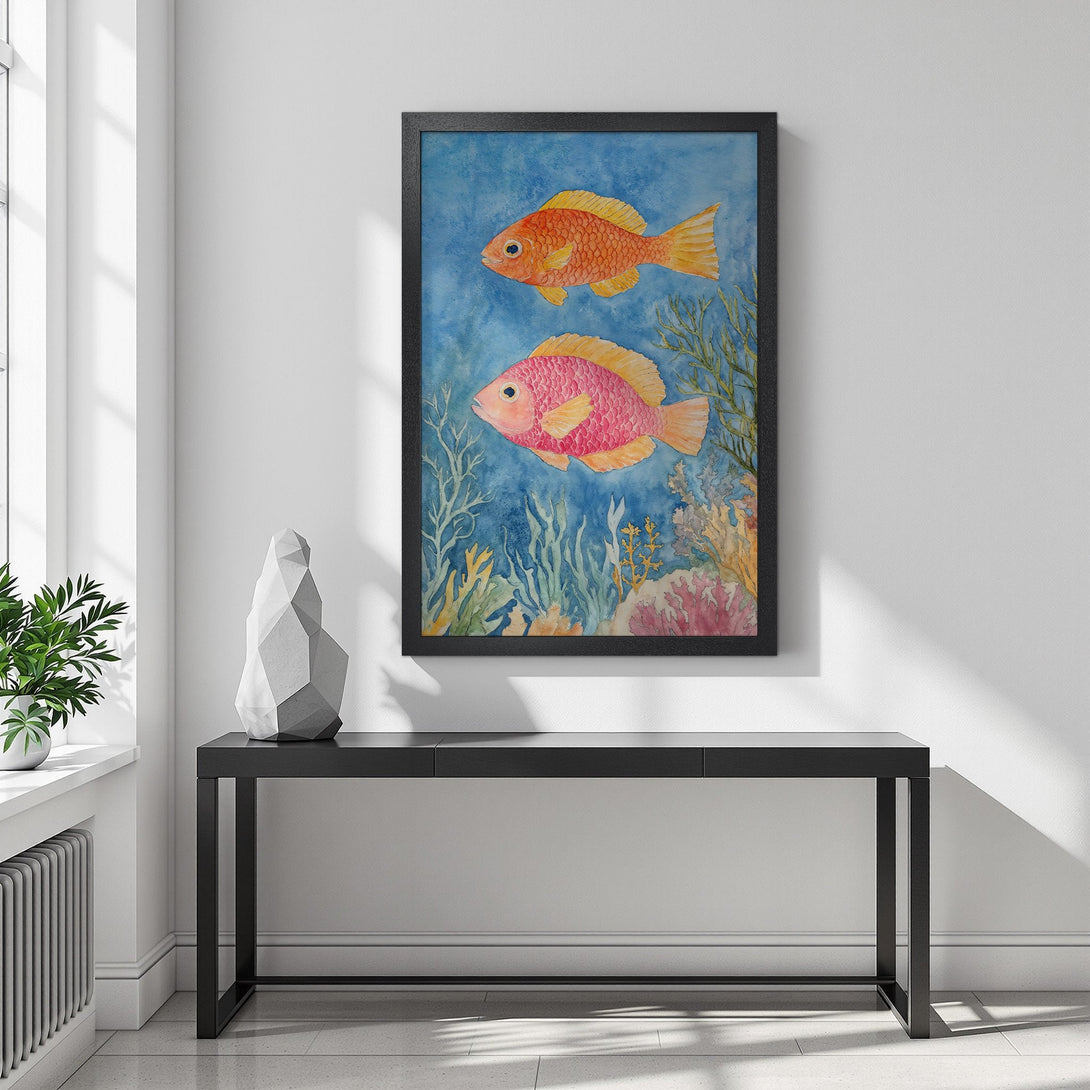 Framed Poster featuring watercolor fish art. Vibrant orange, pink, and blue color palette. Perfect for adding a touch of marine life to your home decor.