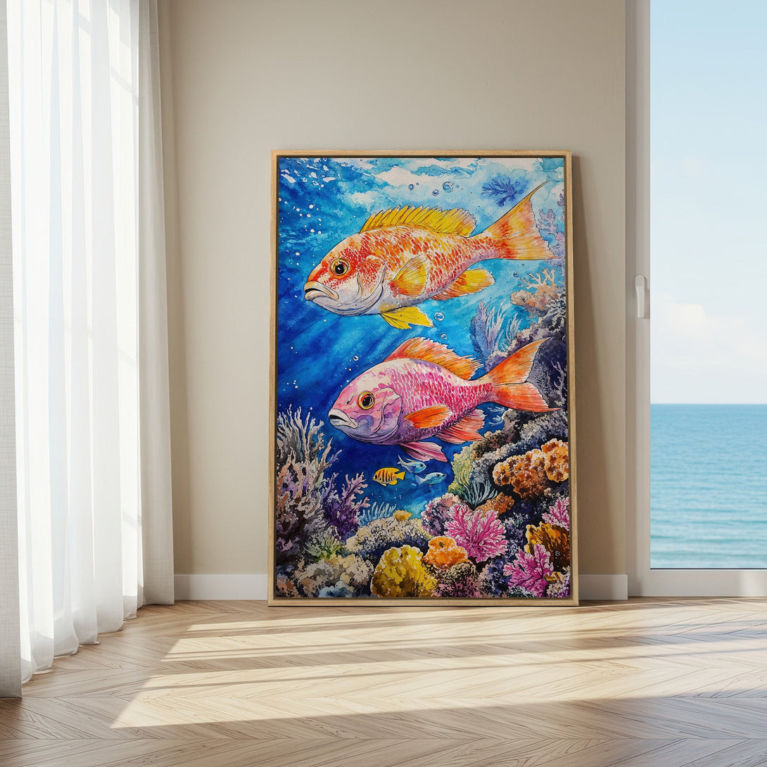 Framed Wall Art: Watercolor fish art in vibrant blues, oranges, and pinks. Coastal-themed artwork perfect for adding a splash of color to your home.