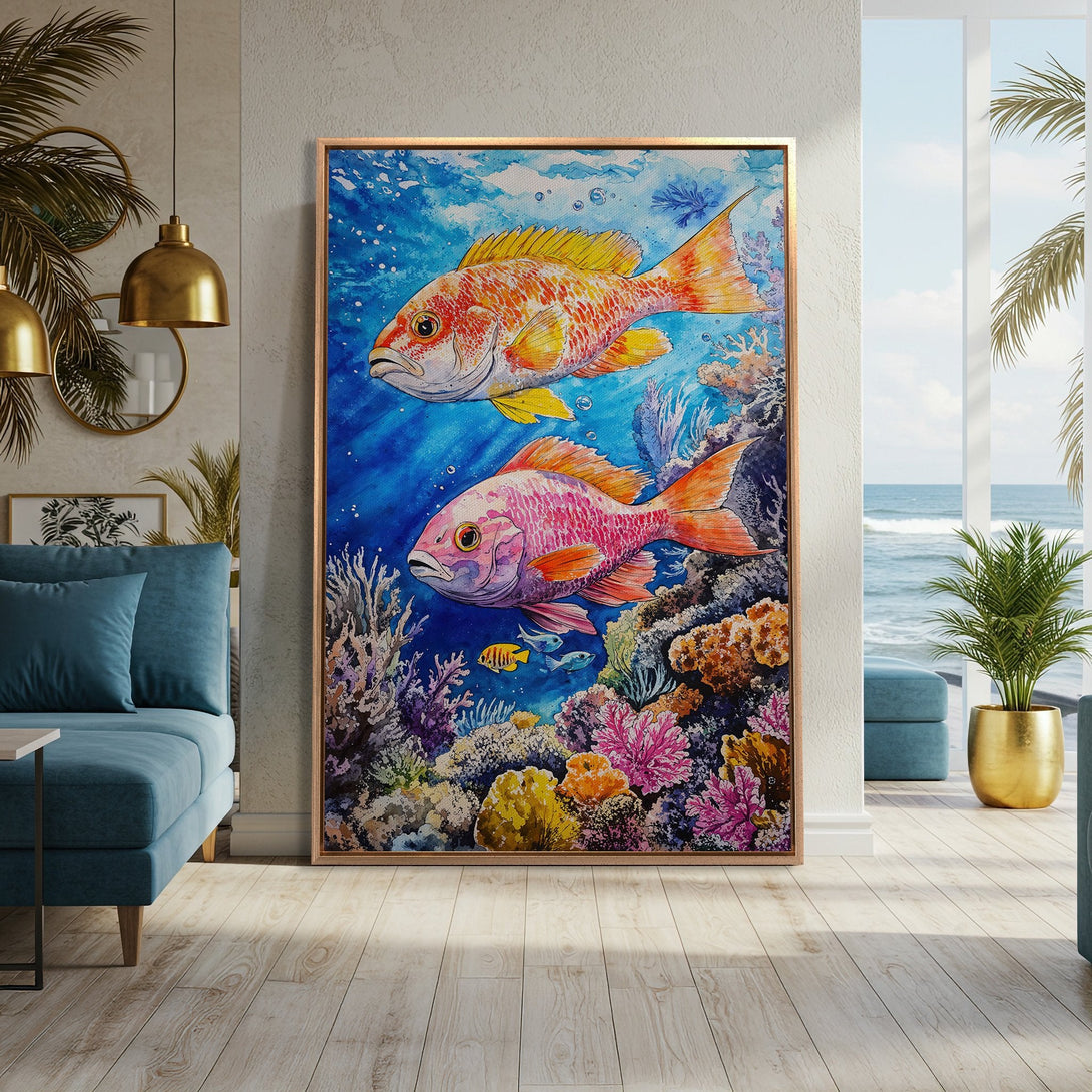 Framed Wall Art featuring vibrant watercolor fish art in a blue, orange, and pink palette. Perfect for coastal decor and adding a pop of color.