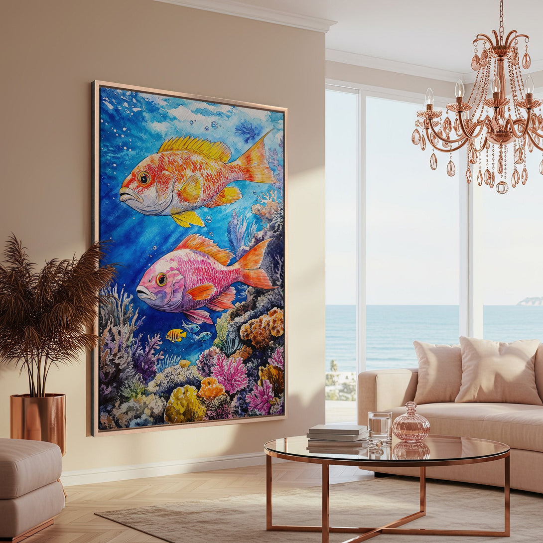 Framed Wall Art: Watercolor fish painting in a coastal interior. Vibrant blue, orange, and pink color palette. Bring the ocean to your home!