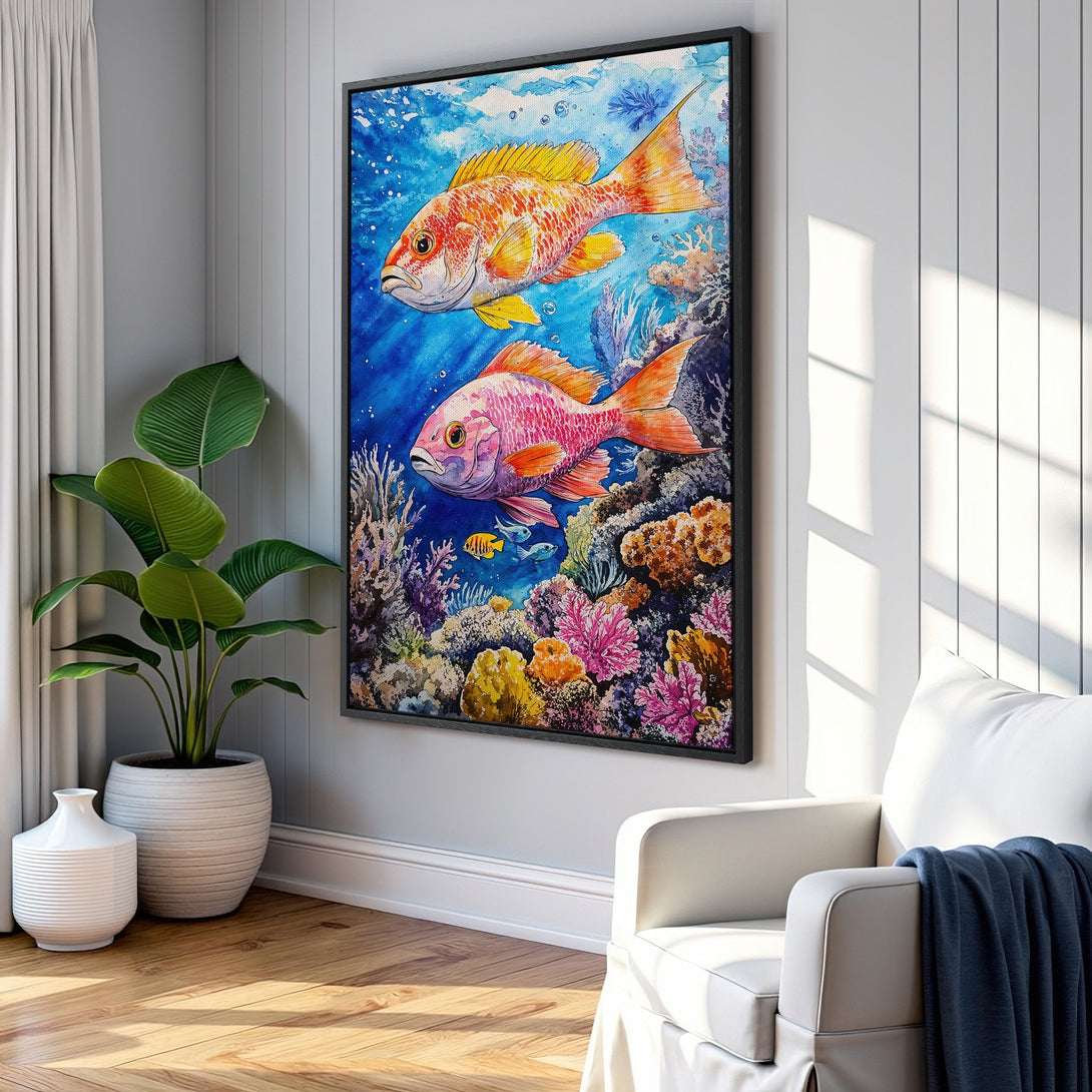 Framed Wall Art: Watercolor fish painting in a vibrant blue, orange, and pink palette. Perfect ocean-themed decor for your living room or bedroom.