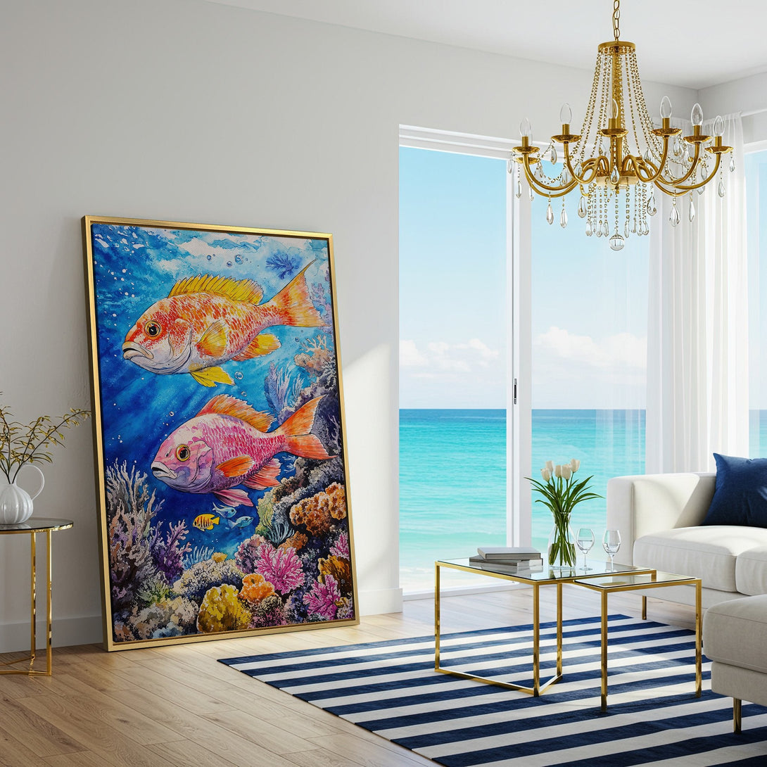 Canvas Print of vibrant watercolor fish art in a coastal living room. Features a blue, orange, and pink color palette, perfect for adding a pop of color.