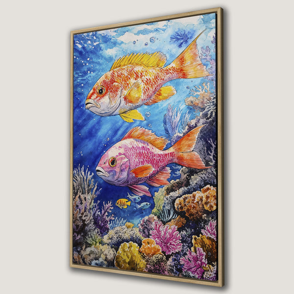 Framed Wall Art: Watercolor painting of colorful fish in an underwater scene. Blue, orange, pink, and yellow color palette. Perfect for coastal decor!