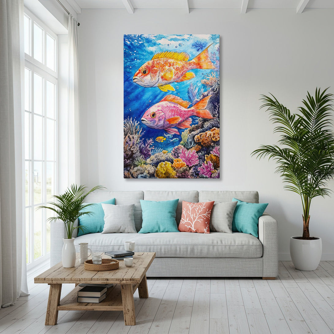 Framed Wall Art featuring vibrant watercolor fish in a coastal setting, showcasing a blue, orange, and pink color palette. Perfect for ocean-themed decor.