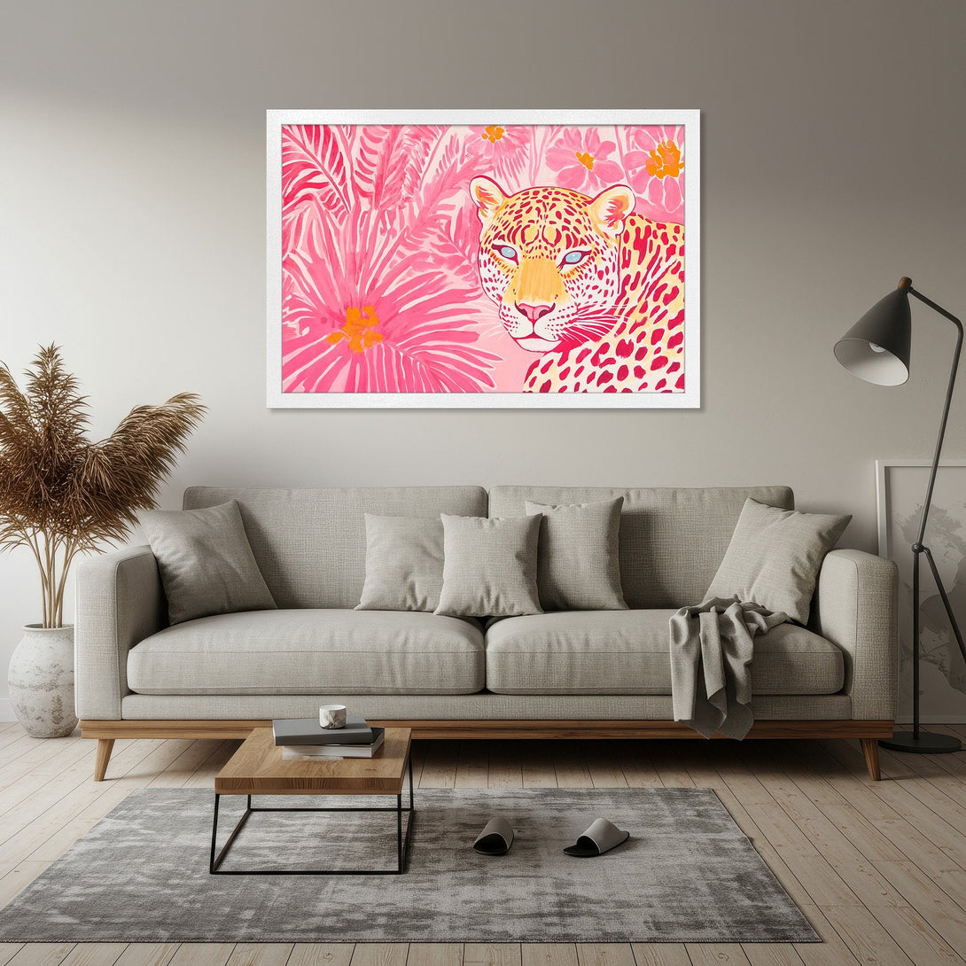 Framed Poster featuring a vibrant pink leopard in a tropical jungle style. Bold, colorful artwork with a pink and yellow palette. Perfect wall decor!