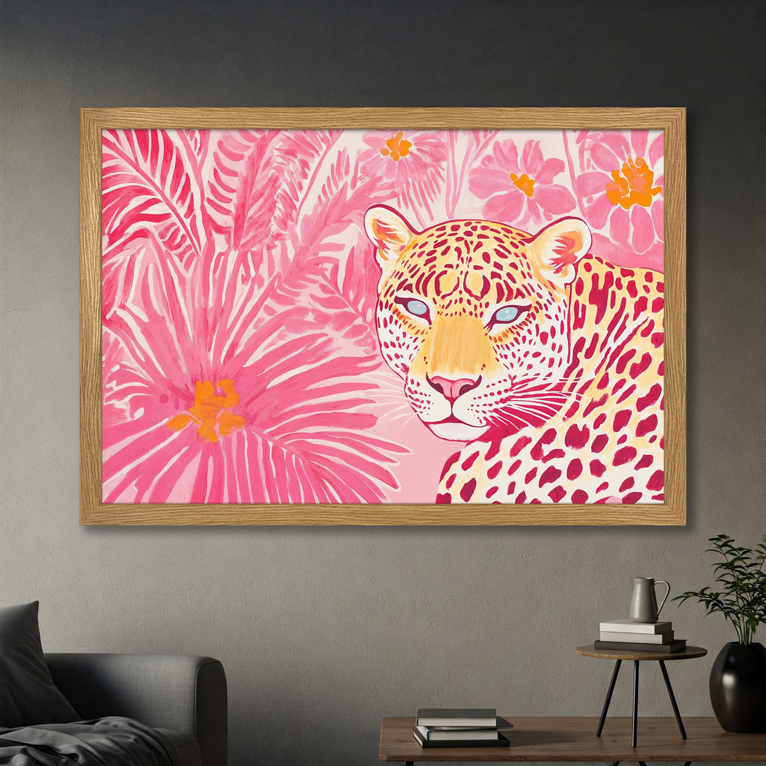 Framed Poster featuring a vibrant leopard in a pink floral jungle, painted in a modern style with a bold color palette. Perfect wall art!