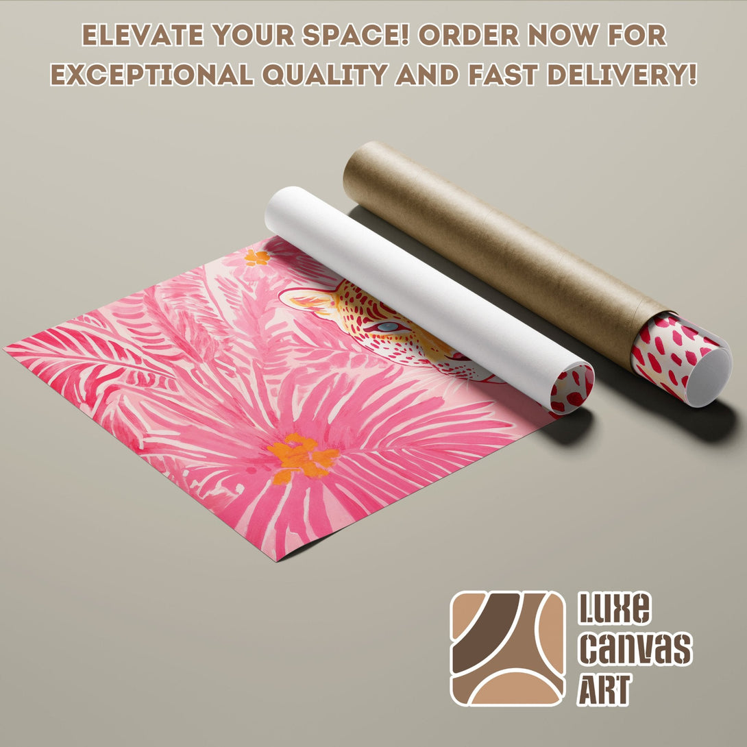 Pink floral Poster Roll with leopard print, vibrant style.
