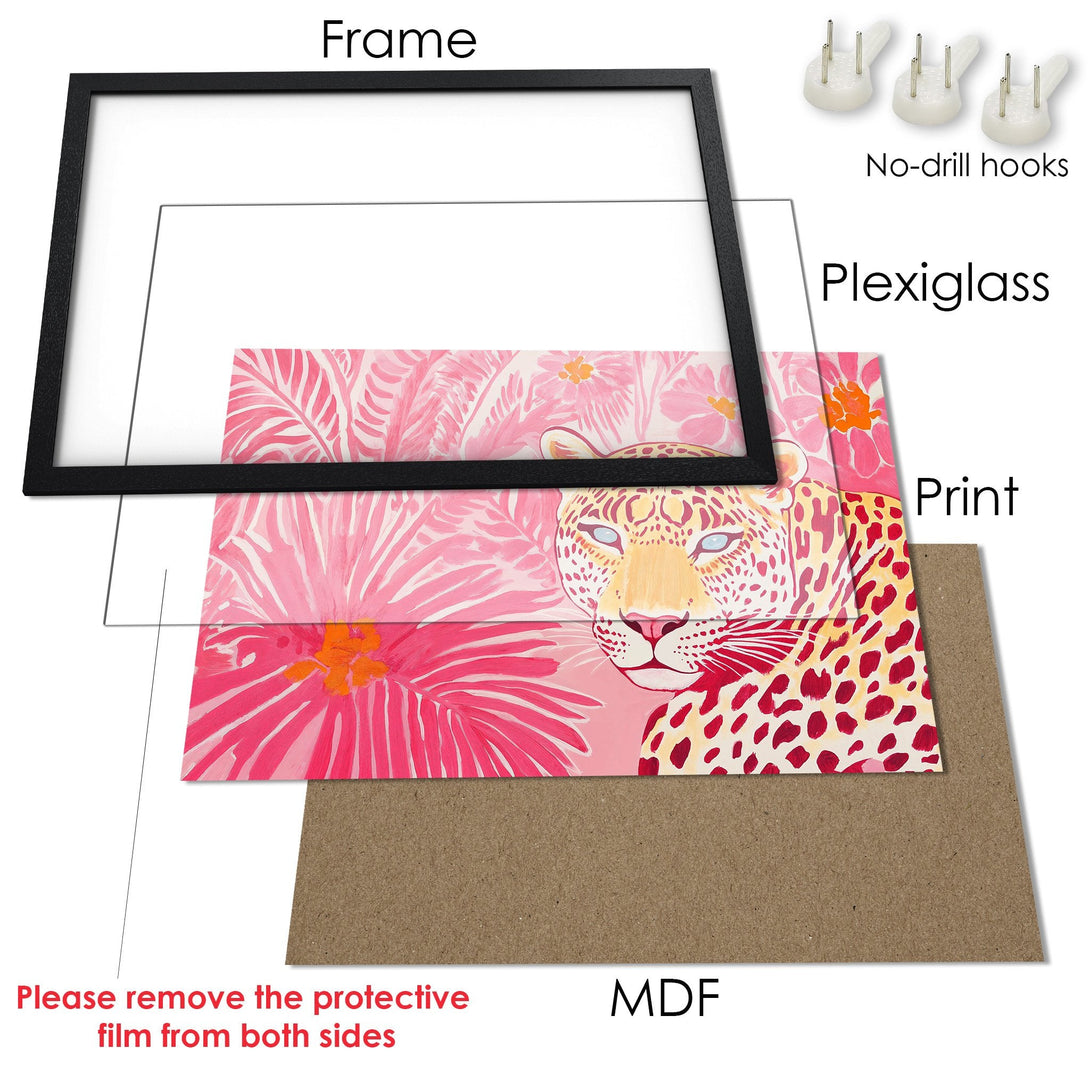 Framed Poster featuring a leopard in pink and red, artistic style. Perfect wall art for a pop of color!