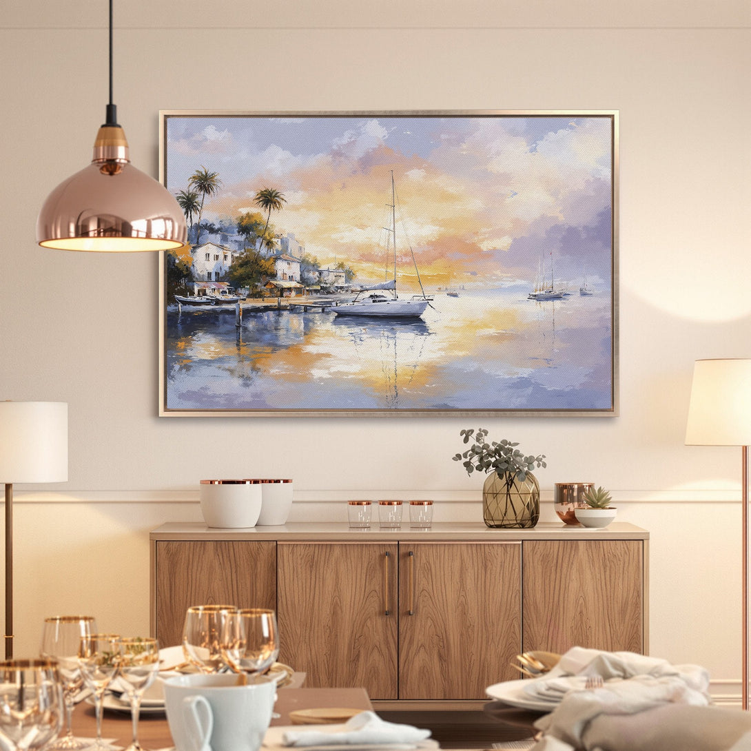 Framed Wall Art: Coastal sunset scene in warm yellow and blue tones. Beautiful sailboat painting for a calming, elegant interior.