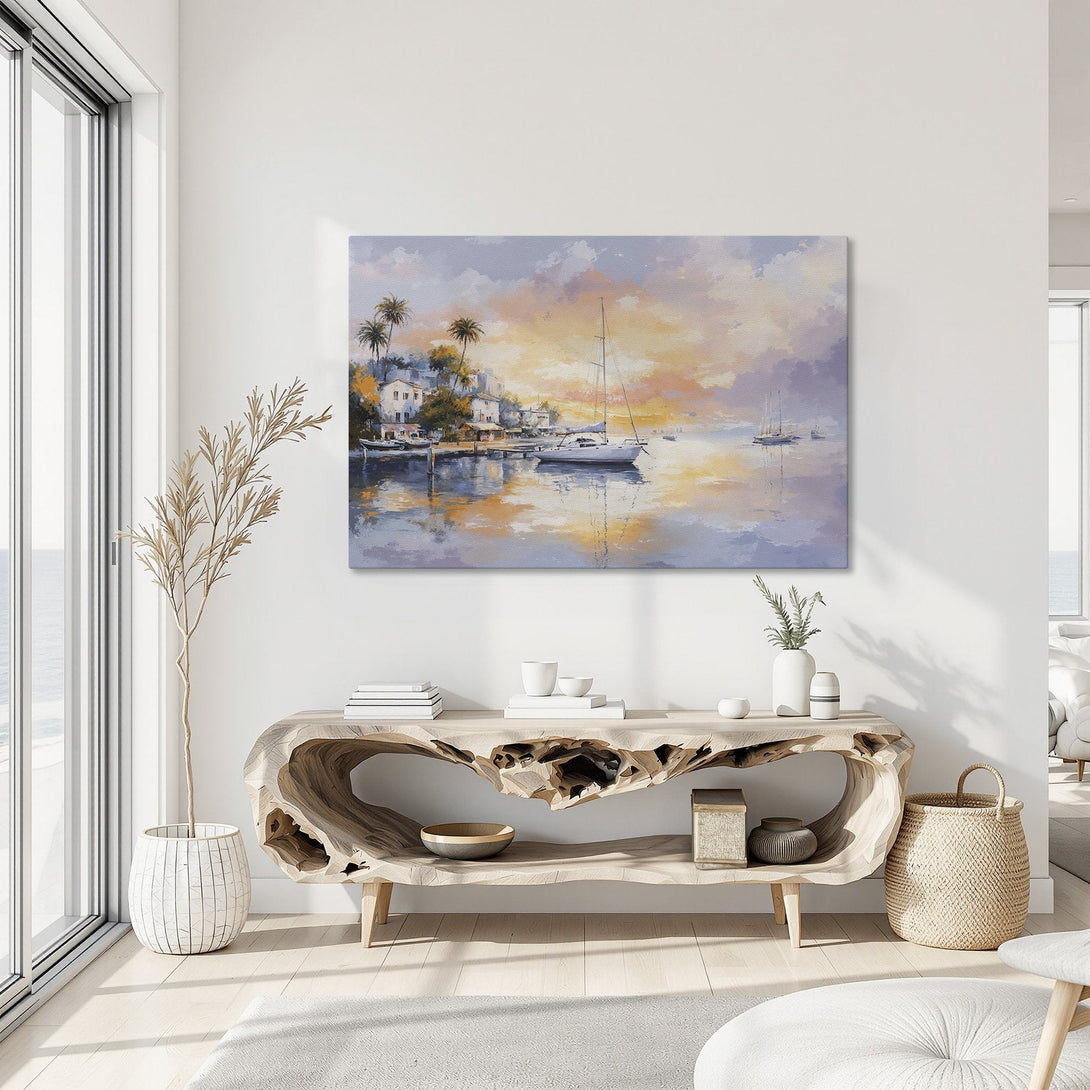 Framed Wall Art: Coastal sunset painting with sailboats, warm orange and purple hues. Perfect for living room decor.