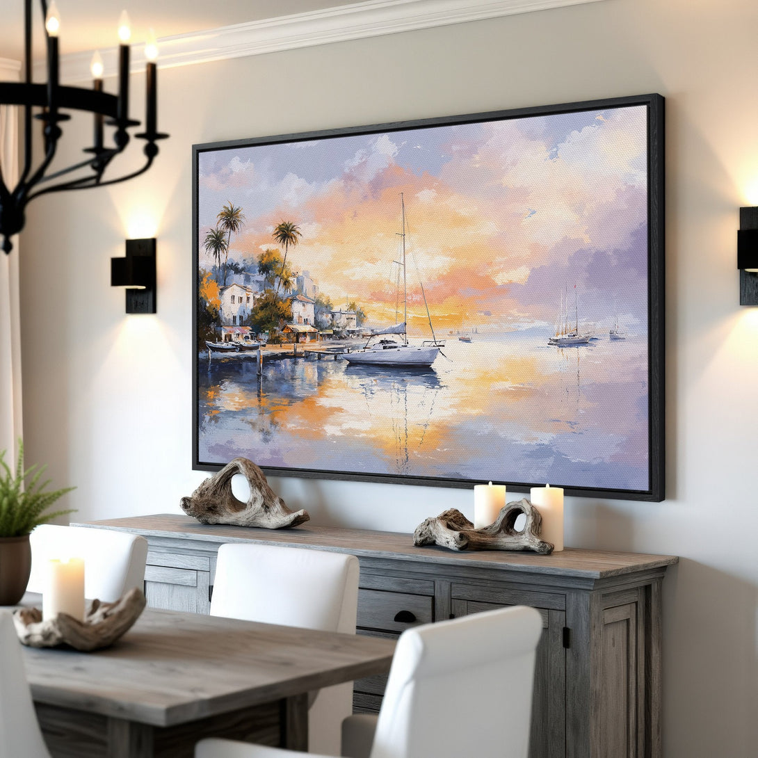 Framed Wall Art of a sunset seascape with sailboats. Coastal art in warm sunset tones. Perfect for adding a touch of serenity to your home.