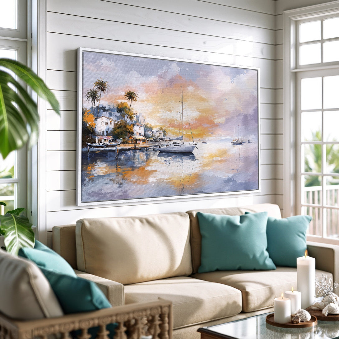 Framed Wall Art: Coastal landscape Canvas Print with sailboats, palm trees, and warm sunset hues. Adds a serene touch to any living room.