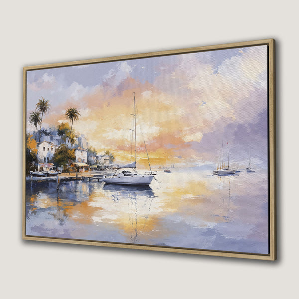 Framed Wall Art: Coastal sunset scene with sailboats, painted in a soft, impressionistic style. Warm yellow, orange, and blue color palette.