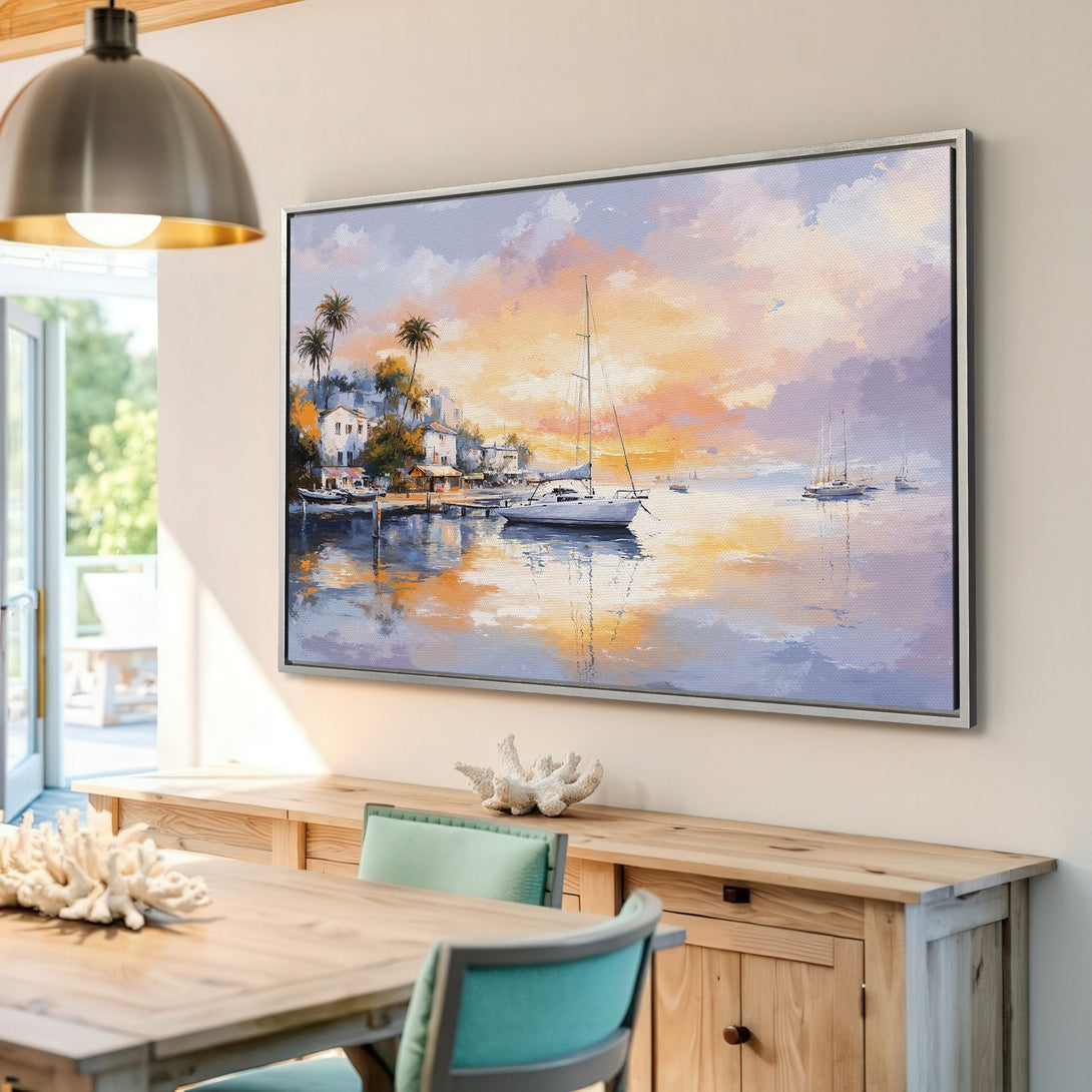 Framed Wall Art: Coastal sunset scene Canvas Print. Impressionist style, warm orange & purple hues. Perfect for living room or bedroom decor.