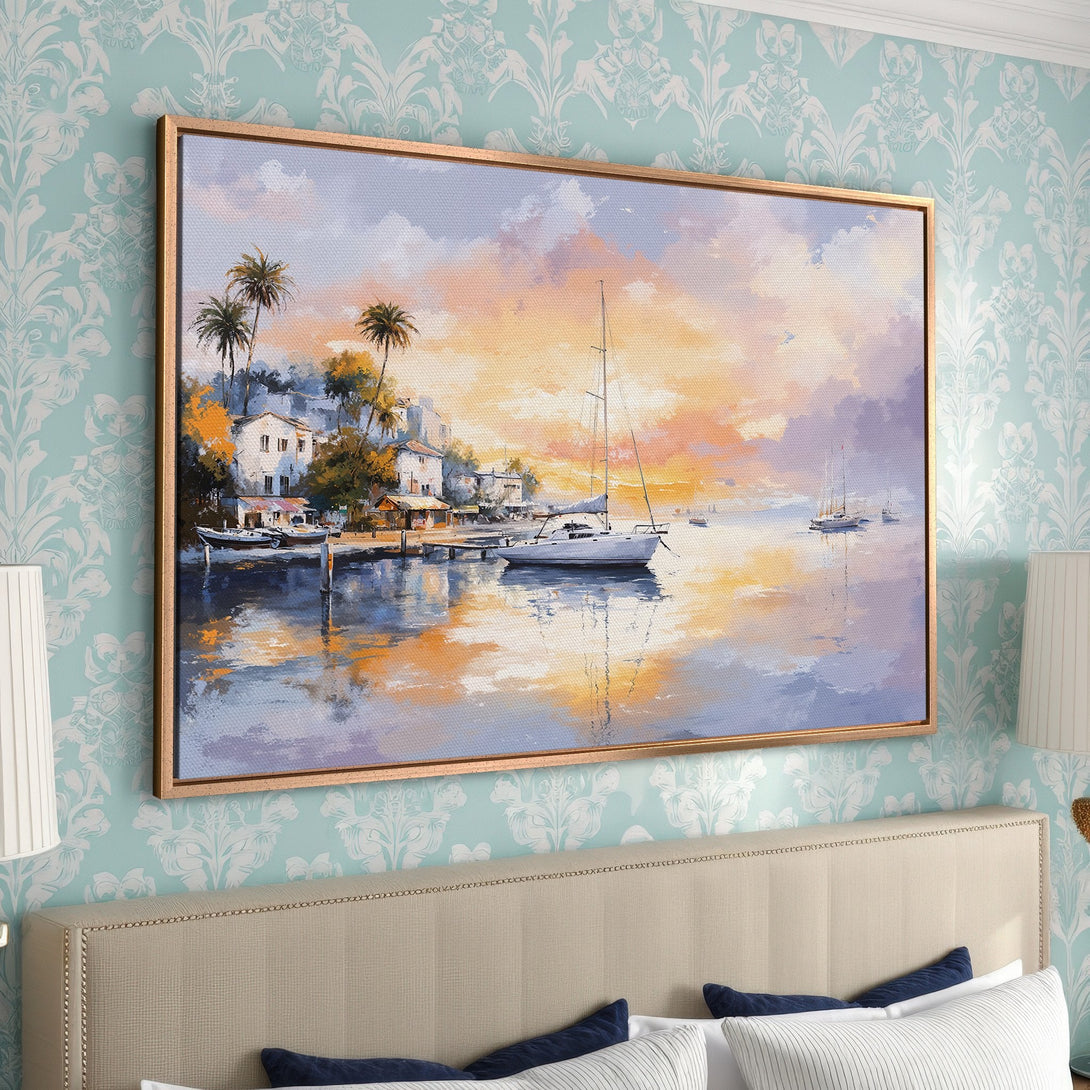 Framed Wall Art: Coastal sunset painting with sailboats, warm orange and blue hues. Perfect for bedroom decor.