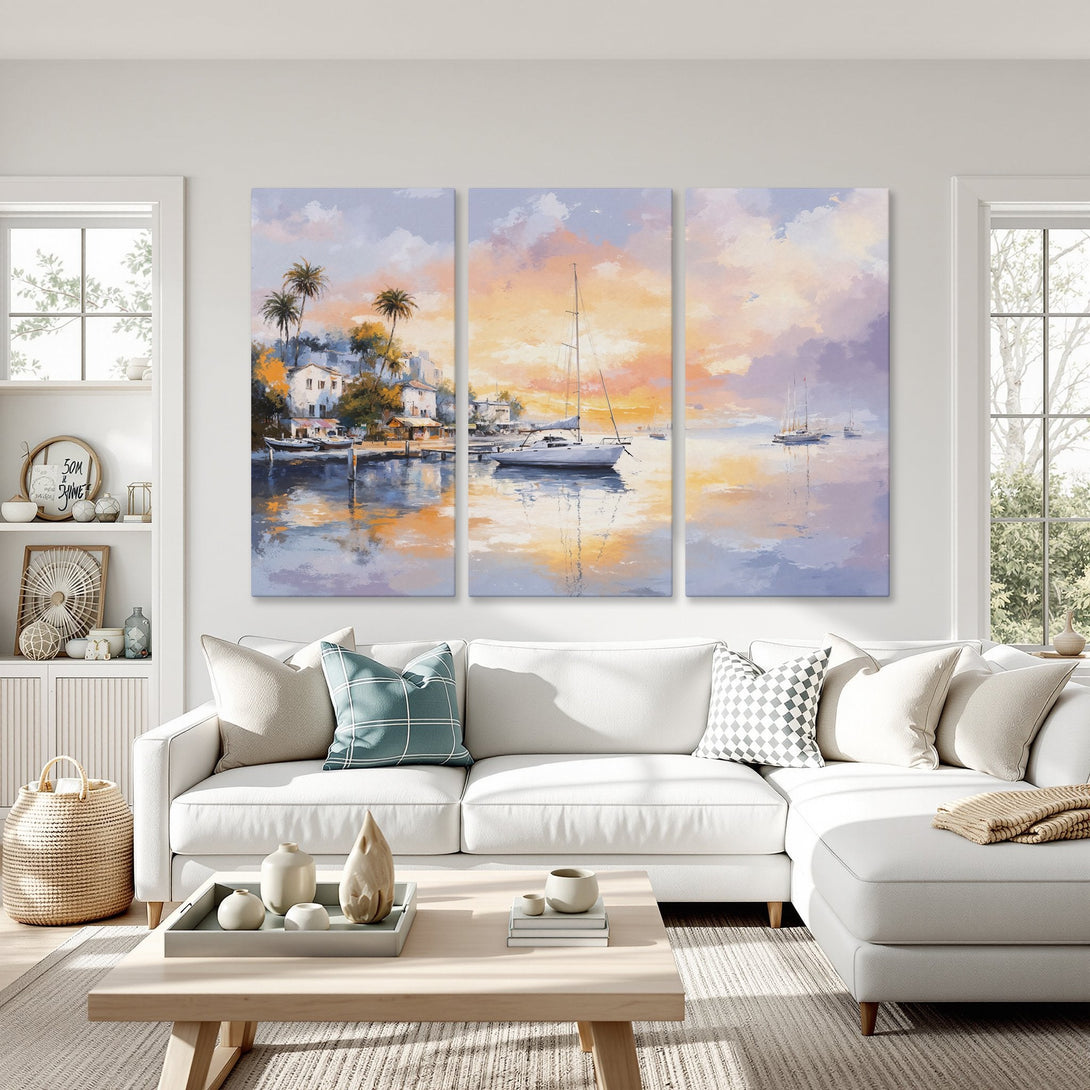Canvas Print of a serene coastal scene with sailboats and palm trees in a pastel sunset palette. Perfect for living room decor.