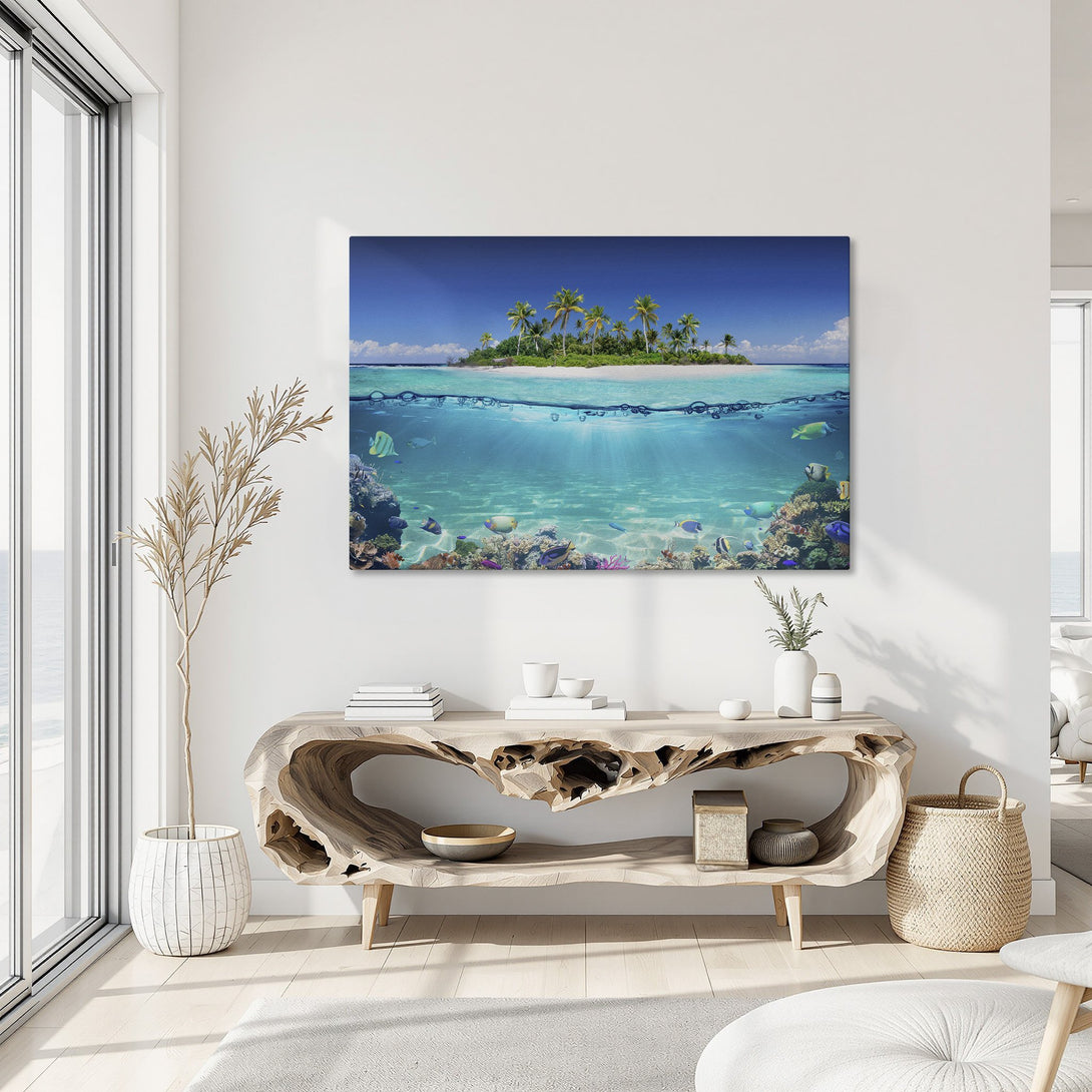 Framed Wall Art: Tropical island scene in vibrant blue and green hues. Coastal decor Canvas Print adds a touch of paradise to any interior.