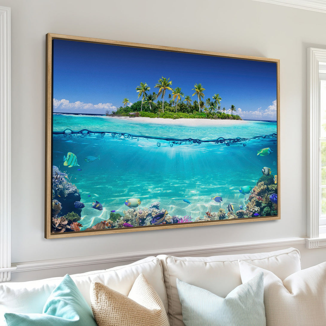 Framed Wall Art featuring a tropical island and underwater scene. Vibrant blues, greens, and turquoise create a relaxing coastal vibe. Perfect for adding a touch of paradise to your home.