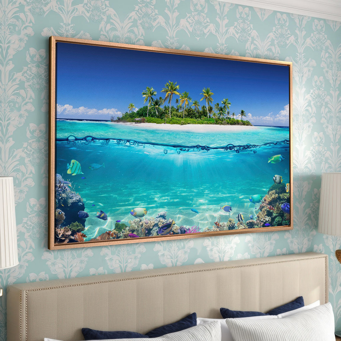 Framed Wall Art featuring a tropical island scene with vibrant turquoise and blue hues. Coastal decor Canvas Print adds a serene touch to any space.