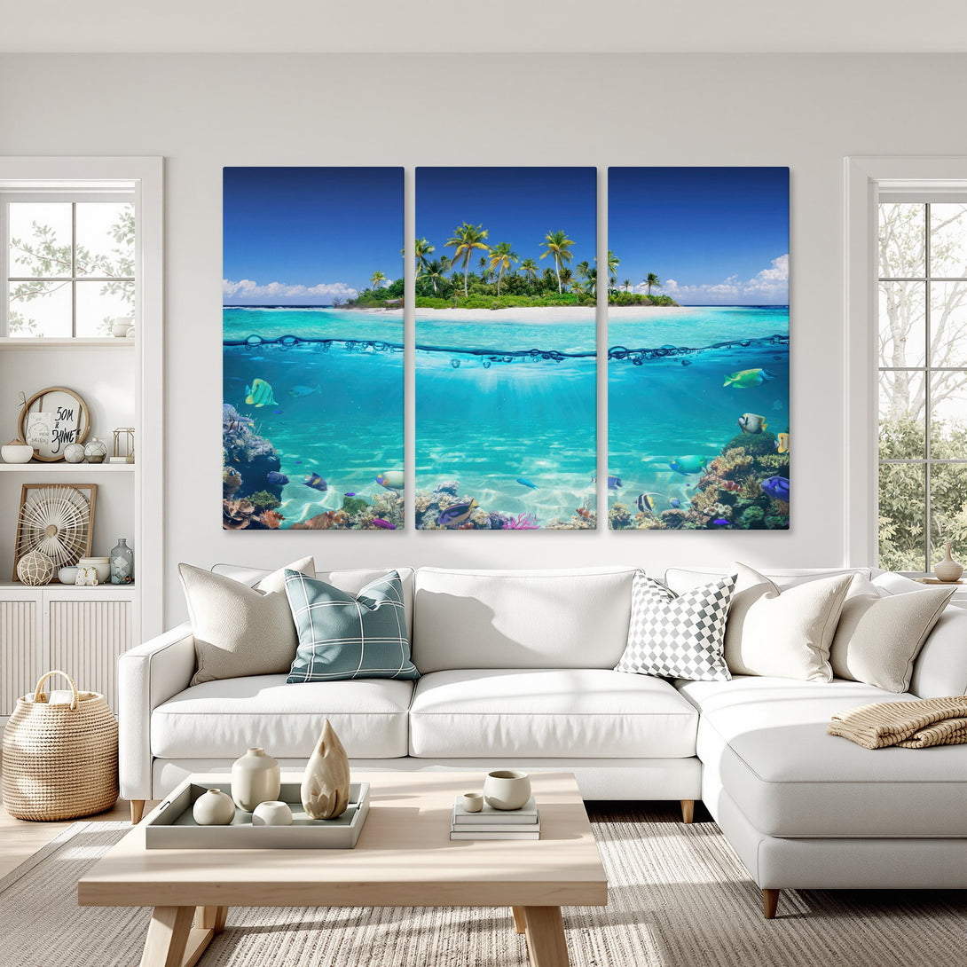 Canvas Print of tropical island split view, vibrant blue and turquoise, perfect for coastal decor.