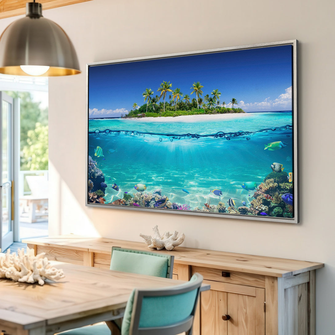 Framed Wall Art: Tropical island scene Canvas Print with vibrant blues, greens, and sandy tones. Coastal decor for a serene living space.