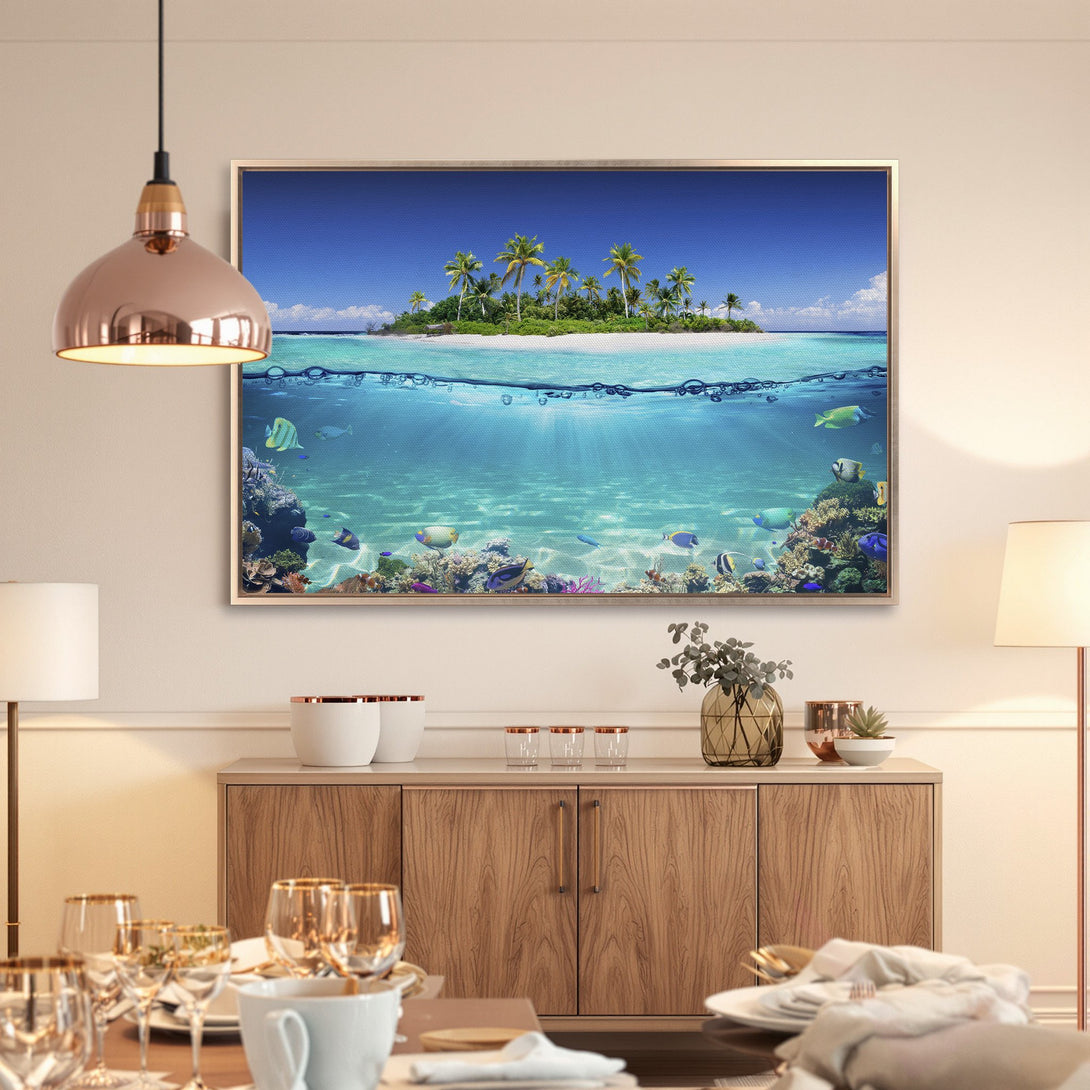 Framed Wall Art: Tropical island scene in vibrant blue & turquoise. Coastal decor Canvas Print for a serene, beachy vibe.