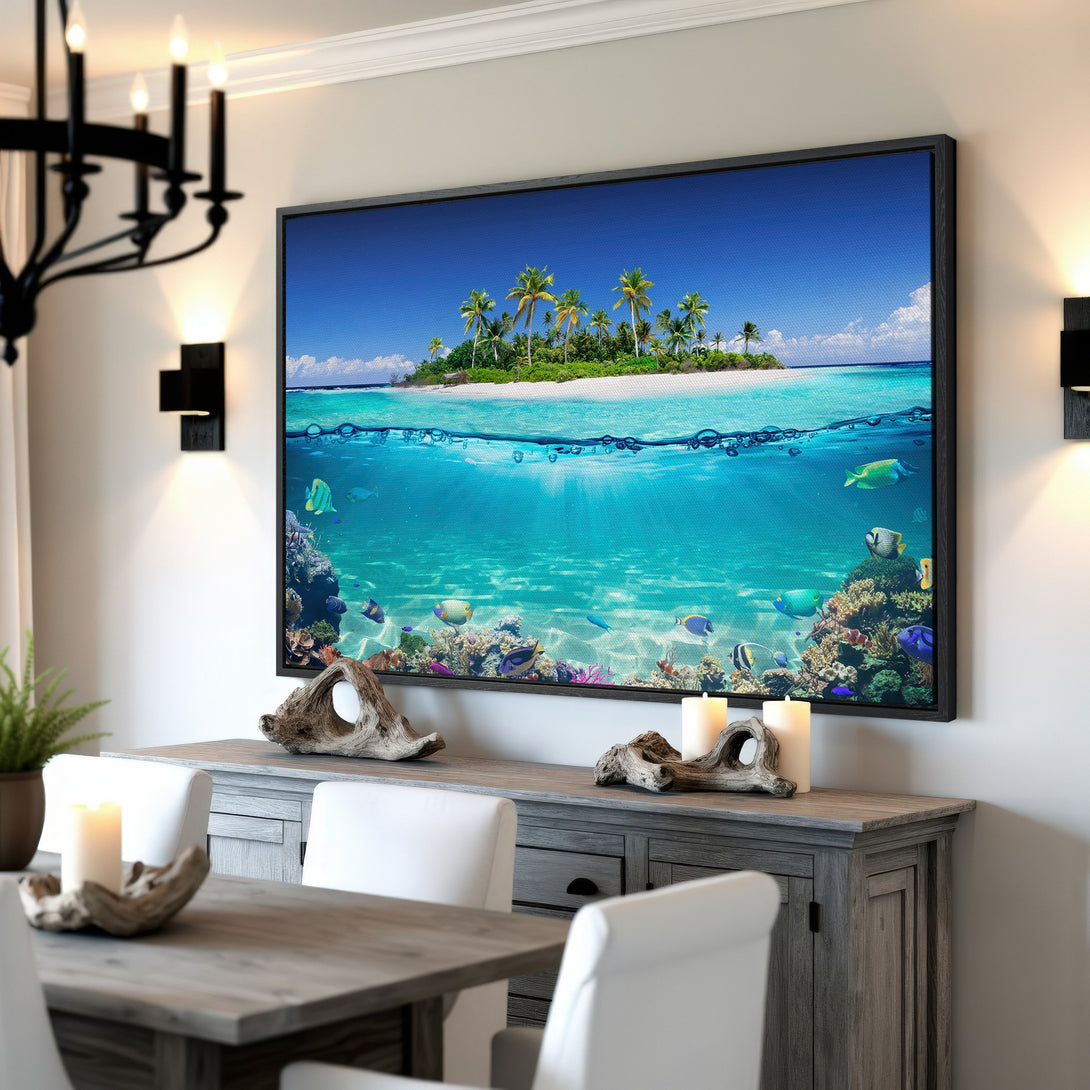 Framed Wall Art: Tropical island scene Canvas Print with vibrant blue, green, and coral hues. Perfect coastal decor for a serene and stylish living space.