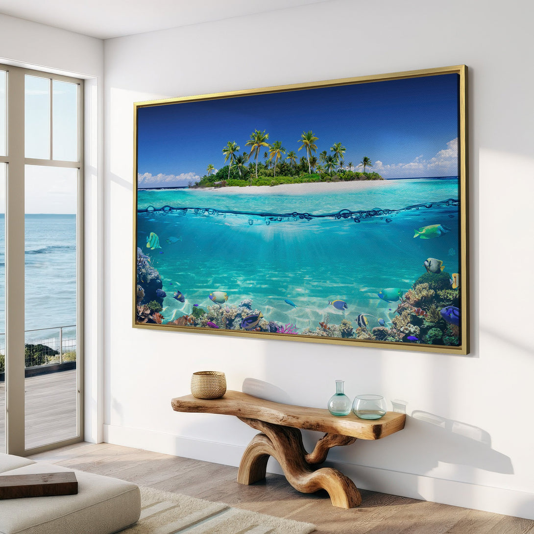 Canvas Print of a tropical island scene, showcasing vibrant blue and turquoise waters. Coastal decor with a serene, underwater view.