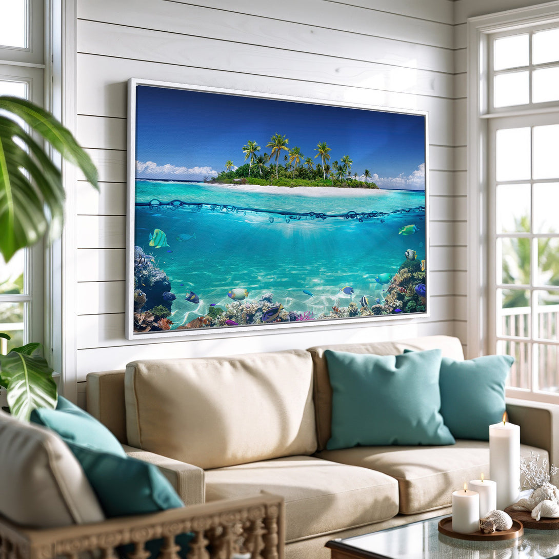 Framed Wall Art: Tropical island scene Canvas Print with vibrant blue, green, and sand tones. Coastal decor for a relaxing living room.