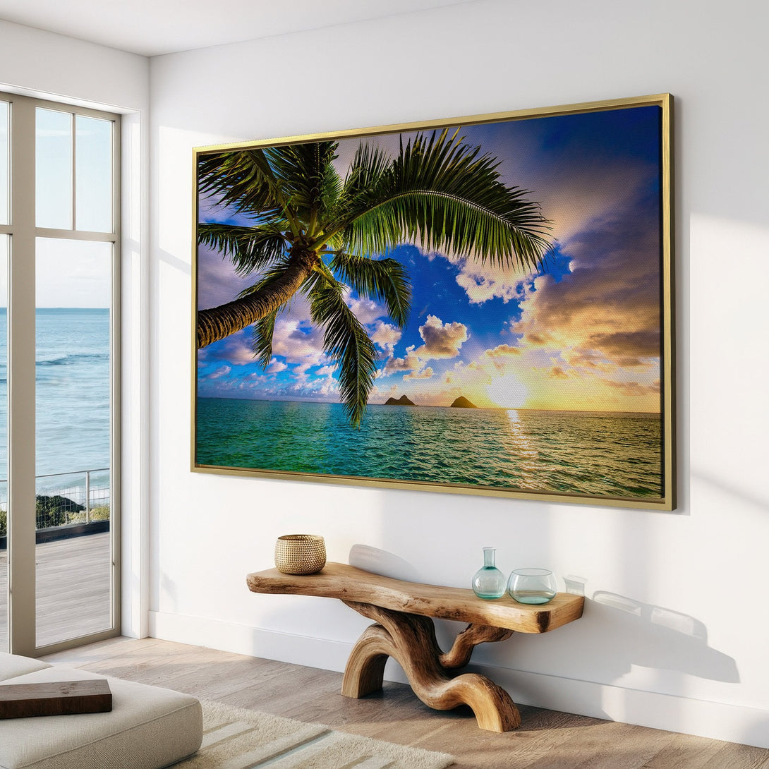 Canvas Print: Tropical beach scene with palm tree, vibrant blue sky, and ocean sunset. Coastal decor in a bright, airy interior.