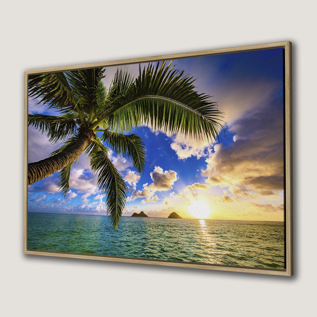 Framed Wall Art featuring a tropical sunset with palm tree. Vibrant blues, greens, and yellows create a calming, coastal vibe. Perfect for adding a touch of paradise!