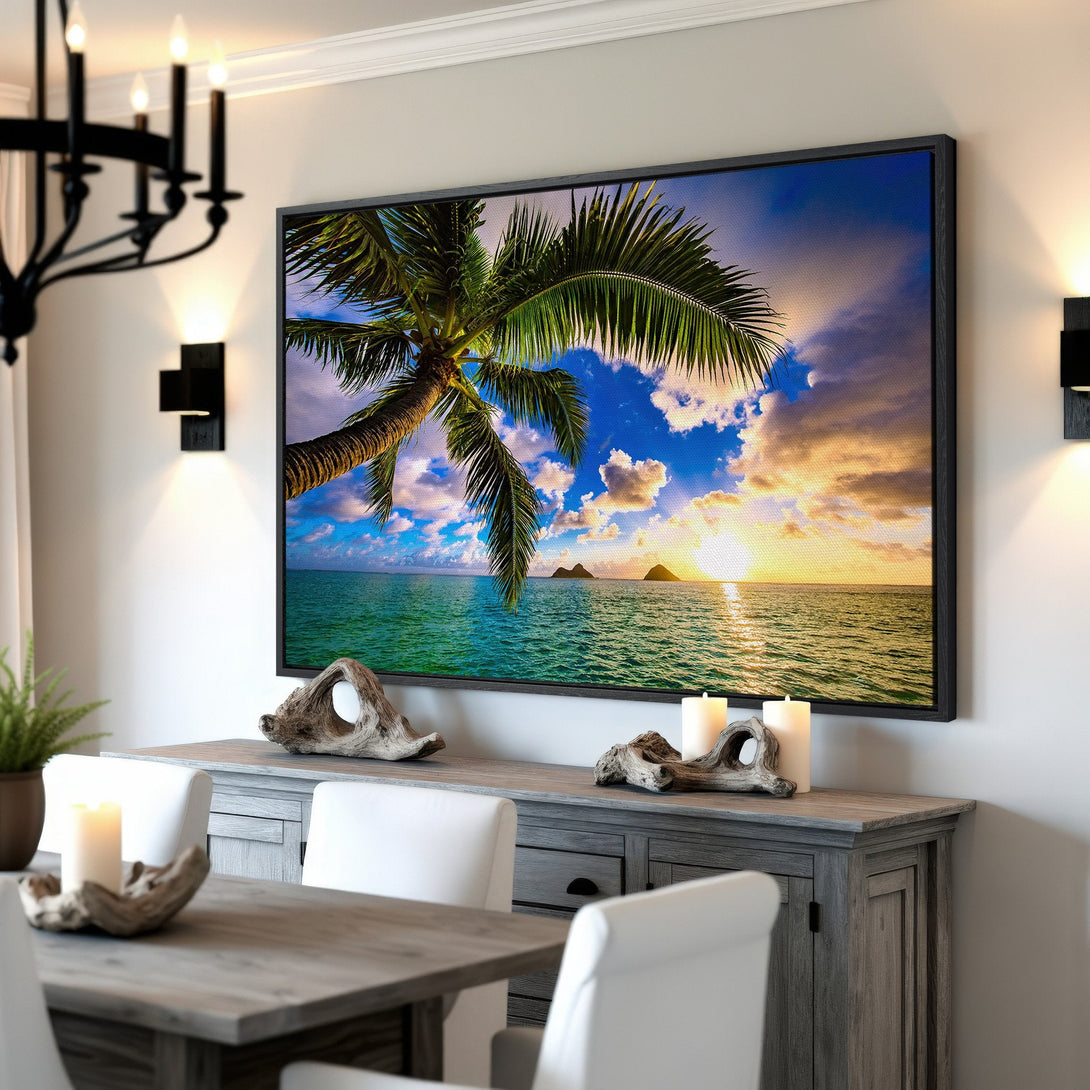 Framed Wall Art: Tropical beach scene Canvas Print with palm tree and ocean sunset. Blue, green, and yellow color palette, perfect for coastal decor.