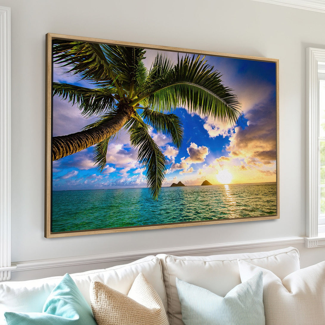 Framed Wall Art of a tropical sunset with palm tree, vibrant blue, green, and yellow hues. Bring paradise home with this stunning Canvas Print!