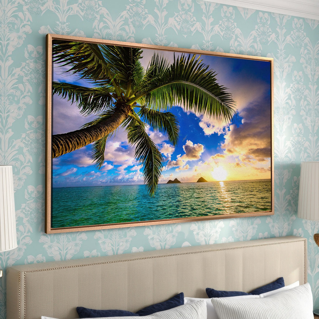 Framed Wall Art: Tropical beach scene Canvas Print with palm tree, ocean sunset. Vibrant blues, greens, and golds. Perfect coastal decor for your bedroom.