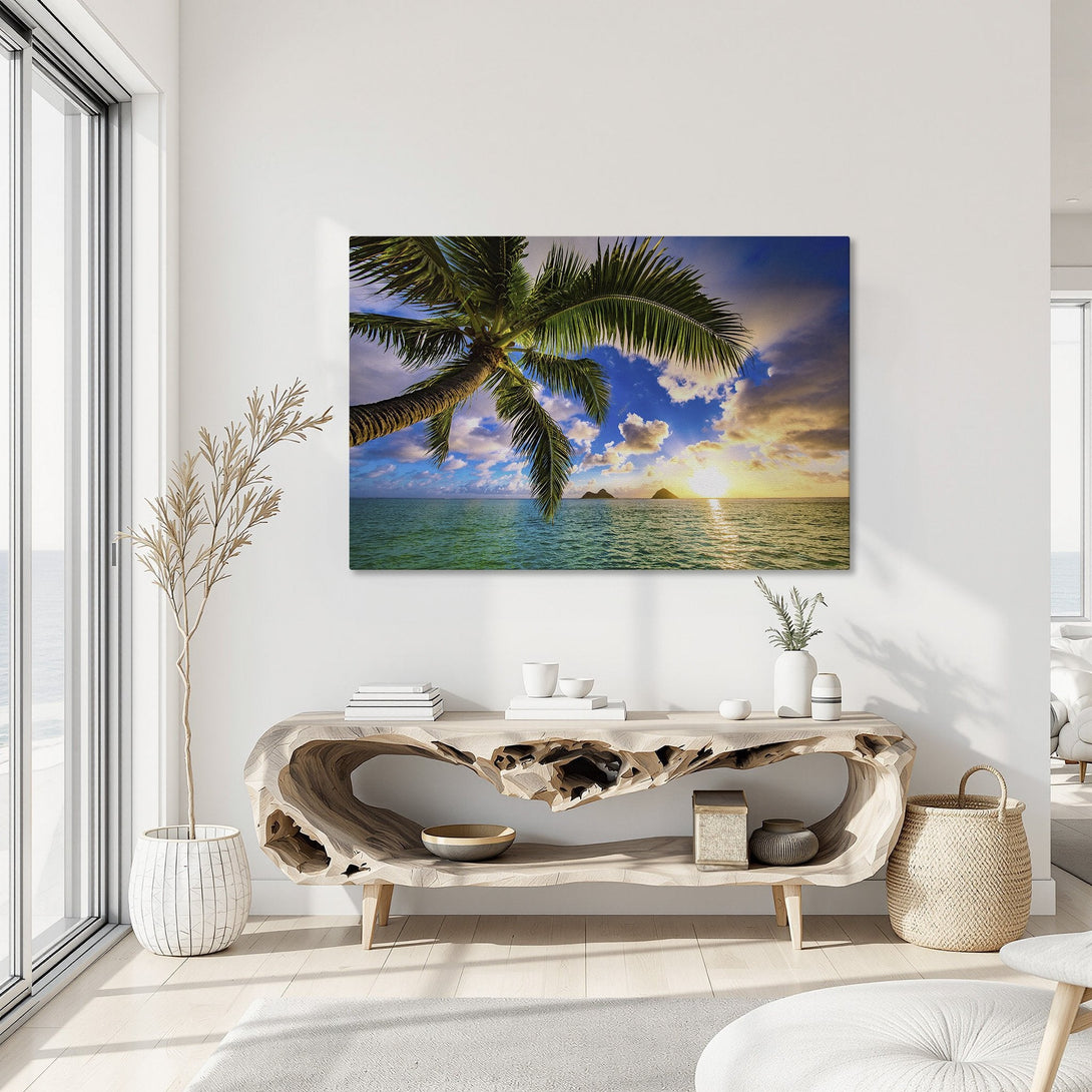 Framed Wall Art: Tropical beach scene Canvas Print with palm tree, ocean sunset, and vibrant blue, green, and gold color palette. Add a touch of paradise!