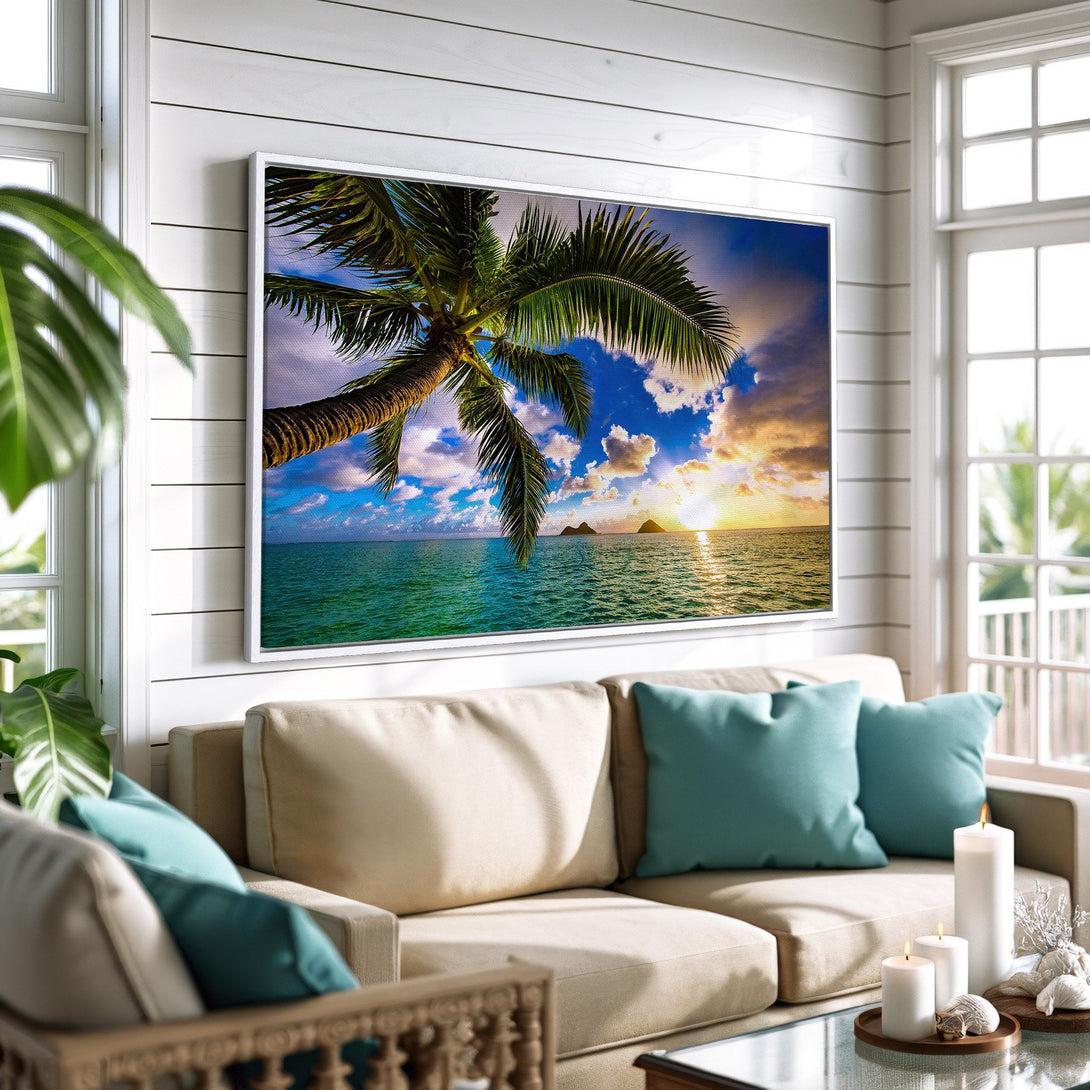 Framed Wall Art: Tropical beach scene Canvas Print with palm tree, blue & green ocean, and sunset colors. Perfect coastal decor for your home.