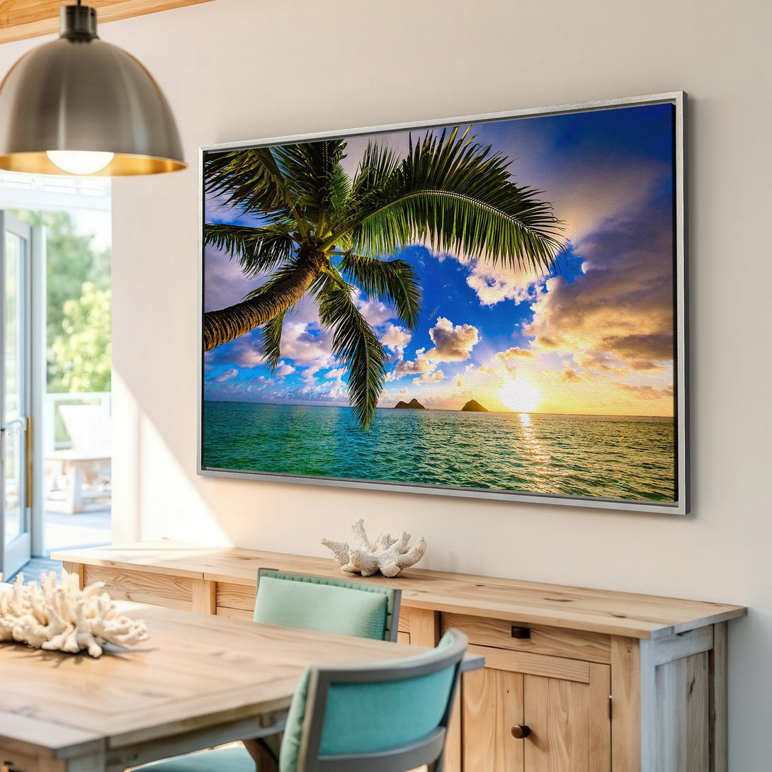 Framed Wall Art: Tropical beach scene with palm tree, ocean, and sunset. Blue, green, and yellow color palette. Perfect for coastal decor.