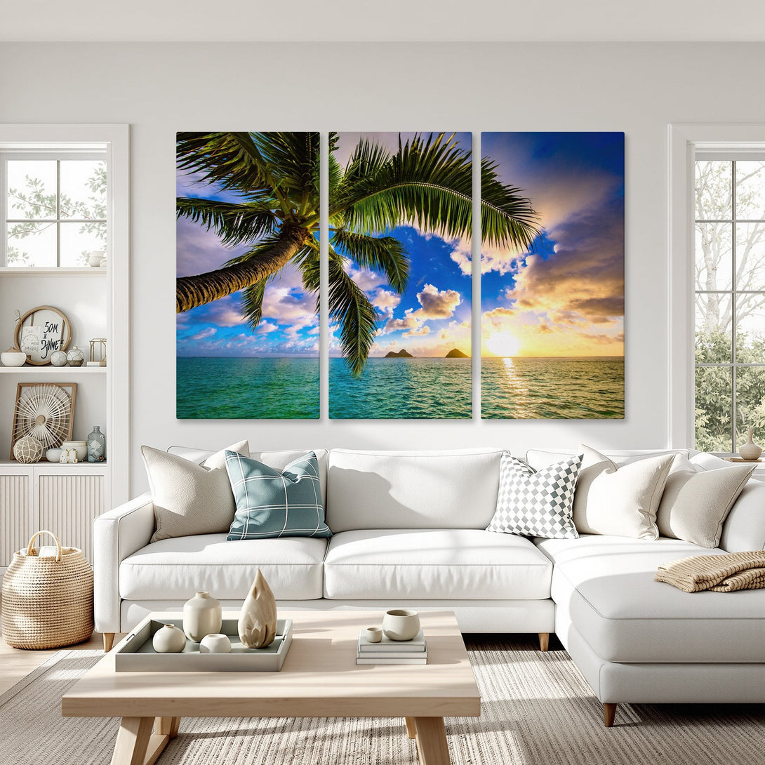 Canvas Print of a tropical beach scene with palm tree, blue sky, and ocean. Vibrant colors for coastal decor.