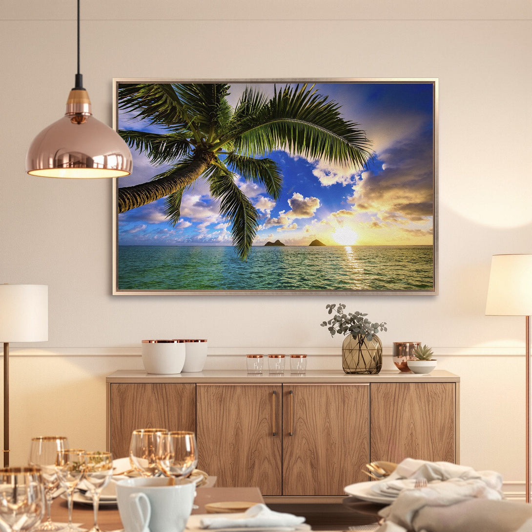 Framed Wall Art: Tropical beach scene canvas print. Blue, green, and gold color palette. Bring the serene beauty of the ocean to your home.