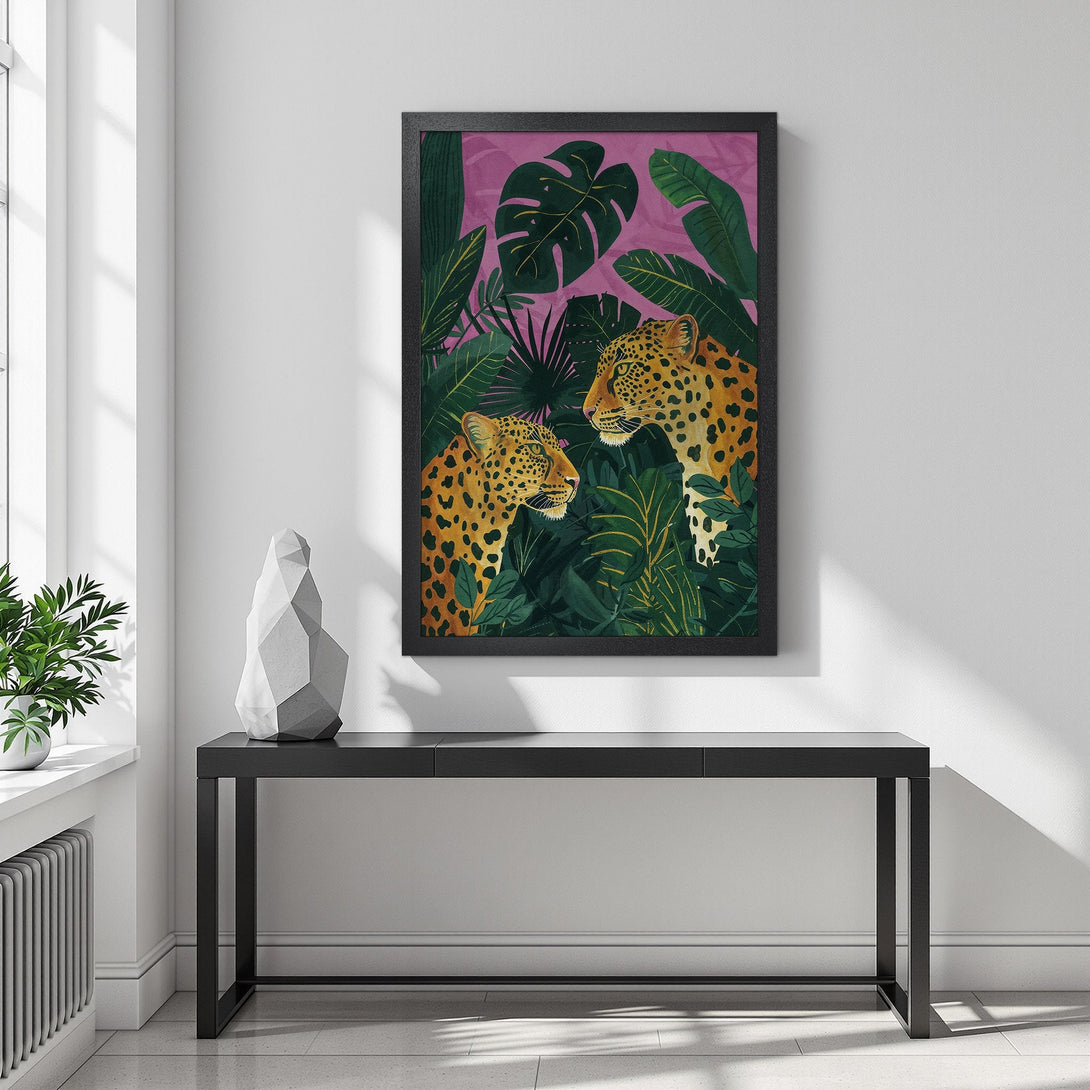 Framed Poster featuring leopards in a jungle scene, vibrant colors. Modern art print for stylish decor.